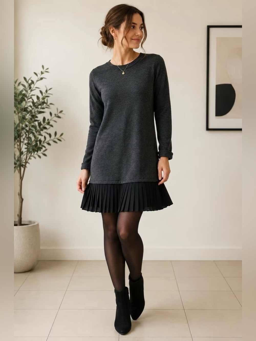 Wrap London Gray Long Sleeve Pleated Hem Dress